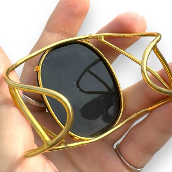 Vintage 10K Gold Filled Black Obsidian Cabochon Cuff Bracelet - Picture 8 of 9